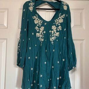 Free people teal white embroidered dress XS-med